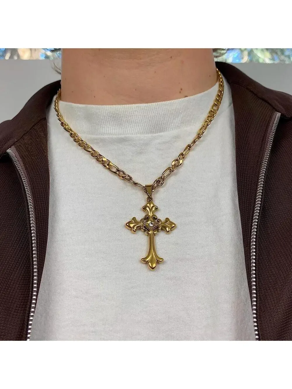 Y2K Gold Stainless Steel Cross Pendant Stone Necklace 20 Inch Unisex